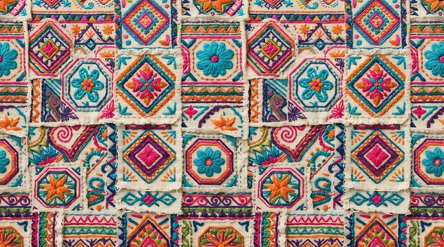 Colorful traditional mexican embroidery pattern with intricate geometric and floral motifs