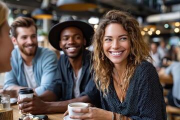 Obraz premium Friends enjoying coffee together in a cozy cafe during a sunny afternoon