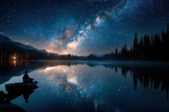 Night fishing under a starry sky at a serene lake surrounded by mountains