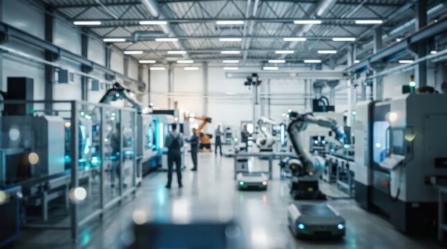 Wide view of smart factory floor with robotic arms, CNC machines, and blurred technicians in a bright industrial facility.