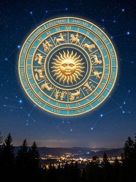 Celestial zodiac calendar wheel against a starry night sky with illuminated landscape