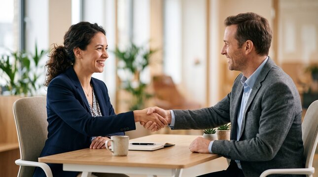 Business handshake woman man colleague meeting office agreement, professional greeting after successful discussion at desk, smiling partners showing trust and collaboration