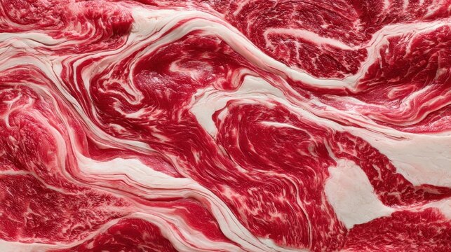 Marbled wagyu beef steak with intricate fat patterns and rich red color