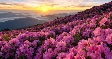 Obraz premium Scenic view of vibrant purple lavender field in bloom at sunset