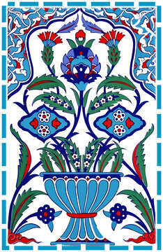 Traditional iznik ceramic tile design with floral pattern and blue vase
