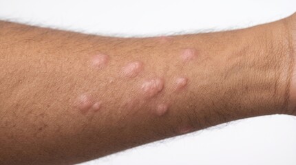 Fototapeta premium Close-up of a person's arm covered in itchy red bumps, indicating hives, bug bites, or an allergic reaction.
