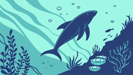 Naklejka premium Colorful Cartoon Marine Life Underwater Scene with Dolphins, Fish, Whale and Shark Swimming in Blue Ocean Water Vector Illustration