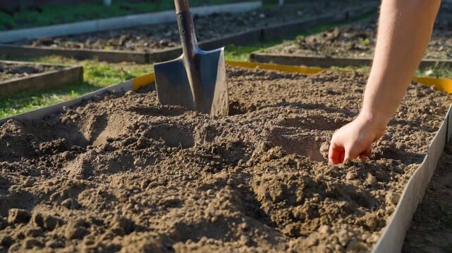 Gardener dropping seed potatoes into holes and covering them with soil. Potato planting process in garden bed