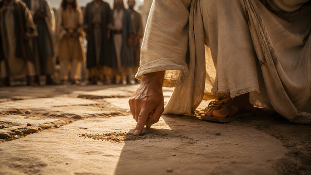 Closeup of a man in traditional robes kneeling and writing in the sand with his finger, surrounded by a crowd of people in a biblical setting