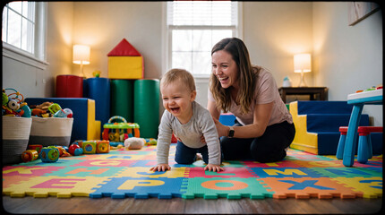 Fototapeta premium Child mother playroom foam mat toy crawling happy family home learning, laughing toddler crawling on colorful puzzle floor with smiling parent in bright indoor play area