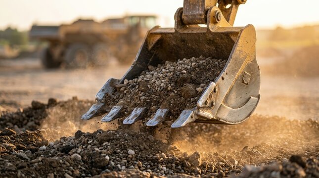 Excavator bucket digging and moving soil at construction site