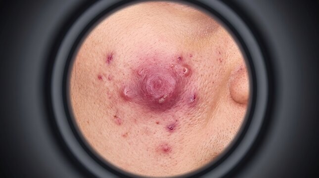 Dermatoscope view of a large, severely inflamed cystic acne pimple or boil with surrounding redness and pus.