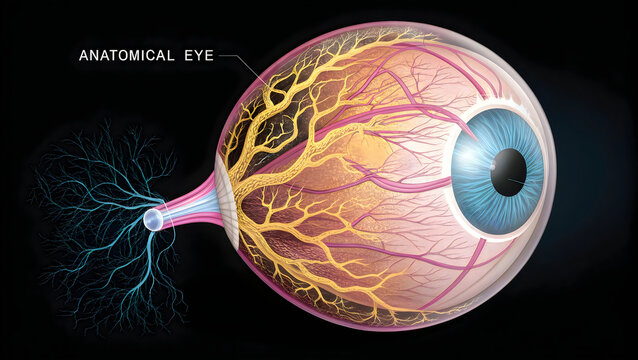 Detailed anatomical illustration of the human eye and its internal structures