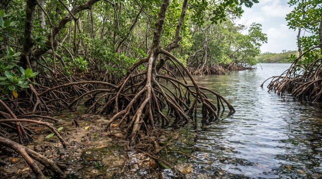 Tropical mangrove forest with tangled prop roots, coastal ecosystem with lush green trees, swampy shoreline landscape