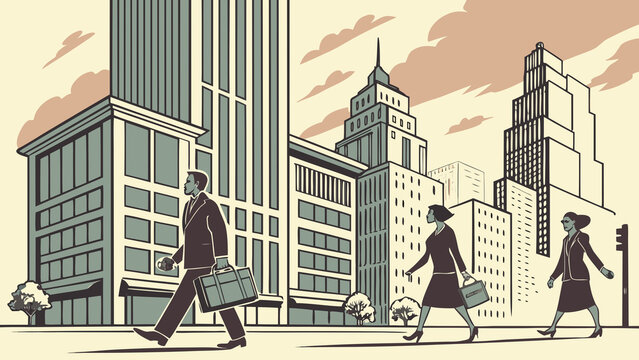 Business professionals walking in city, urban office workers commuting