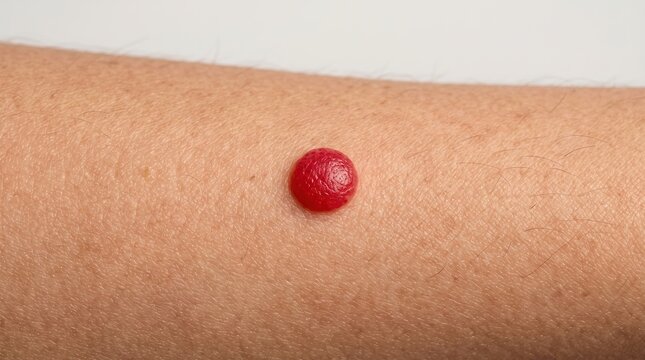 Macro shot of a bright red cherry angioma senile angioma benign vascular lesion on human arm