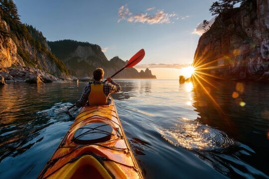 Kayaker paddles on calm water at sunset near rocky coastline