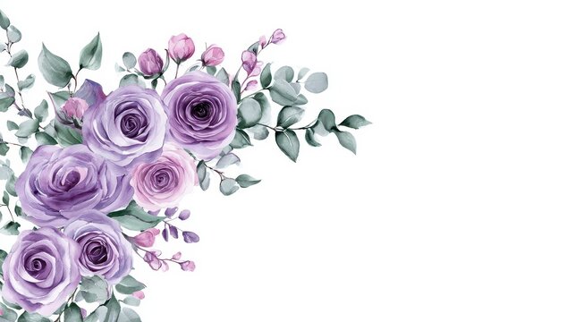 Watercolor purple rose flower corner arrangement with eucalyptus leaves isolated on white background