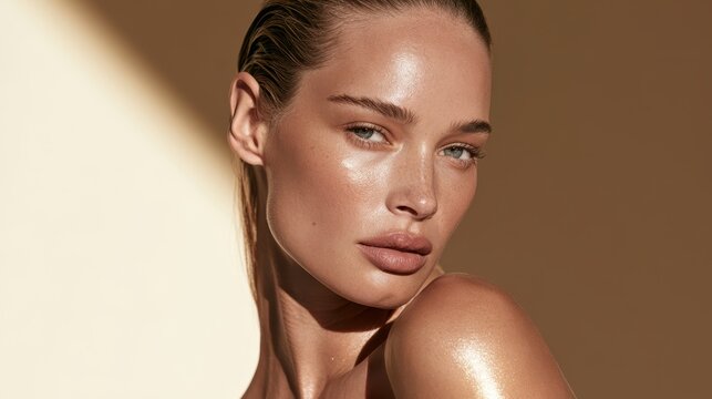Closeup portrait of a beautiful woman with glowing dewy skin and wet look hair, professional beauty photography
