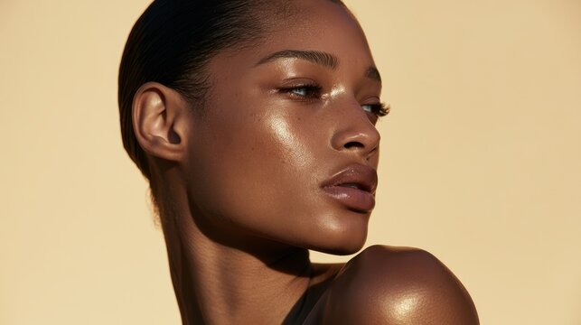 Stunning portrait of a woman with deep skin tone, glowing makeup and radiant highlighter, beauty concept