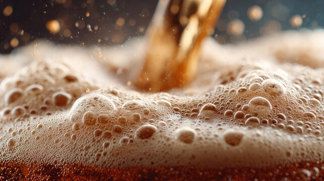 Pouring cold beer filling a glass, creating a frothy head, splashing liquid, and fizzing bubbles, capturing the effervescence and refreshment of the alcoholic beverage