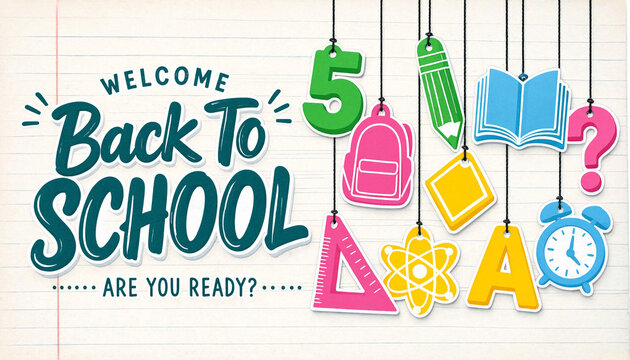 Welcome Back To School are you ready with colorful school supplies and learning symbols hanging