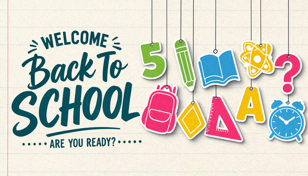 Welcome Back to School Are You Ready Banner with Colorful Books, Numbers, Letters, School Supplies, Alarm Clock, and Playful Educational Design