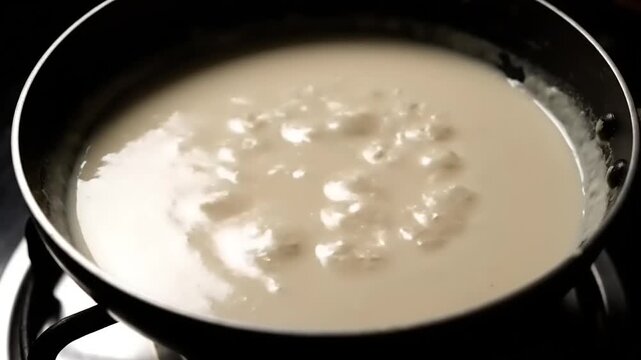 Cooking creamy white sauce in a black pan on a stove.