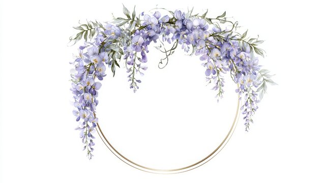 Watercolor wisteria flowers arch frame with gold circle isolated on white background