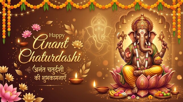 Happy Anant Chaturdashi Greetings Lord Ganesha Blessings Indian Festival Celebration Background Image