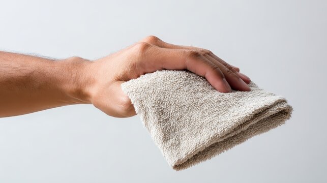 Human hand holding beige cotton cleaning cloth for household surface sanitization and hygiene maintenance tasks isolated on gray background