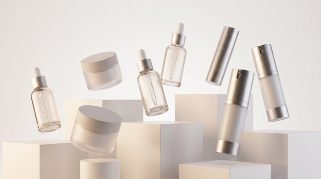 Floating minimalist skincare packaging on white geometric blocks