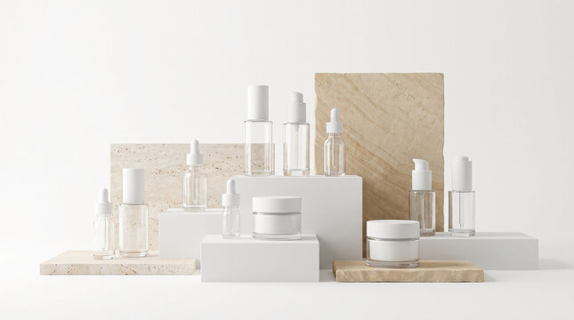 Minimalist white skincare packaging on stone and geometric pedestals
