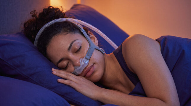 Woman sleeping with cpap mask in bed at night receiving sleep apnea therapy and respiratory treatment