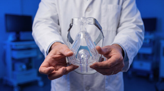 Doctor holding cpap mask for sleep apnea therapy in medical clinic room