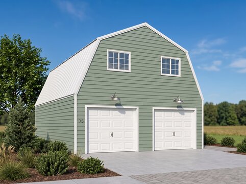 Green gambrel roof metal barn with white garage doors and landscaping on concrete pad in rural setting