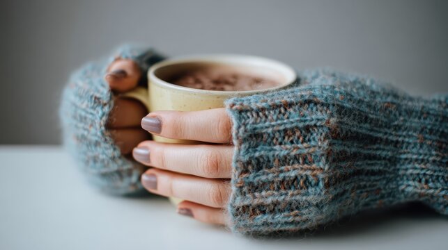 Person wearing knit wool mittens holding warm mug of hot chocolate drink for cozy winter vibes