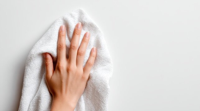 A hand cleaning a white surface with a soft white microfiber cloth for hygiene and sanitization