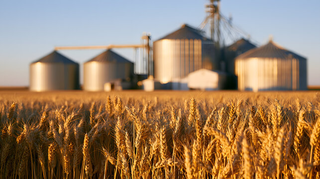 Wheat fields golden with grain silos in the background, during the harvest season