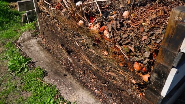Compost heap with kitchen scraps and eggshells in wooden bin