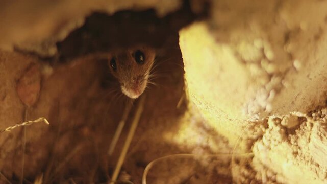 A wary wood mouse (Apodemus sylvaticus) pauses inside an underground tunnel heading into its hidden chamber before retreating back into the tunnel