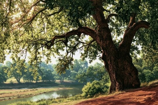 Majestic oak tree overlooking a serene river valley