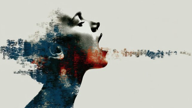 Abstract digital art portrait of a woman screaming disintegrating into pixels and particles on a plain light background