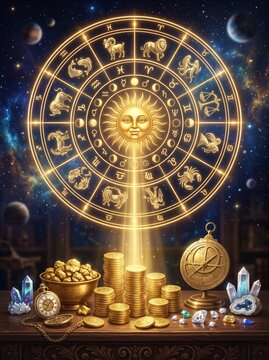 Golden astrology wheel in cosmic space with celestial elements and astrological symbols