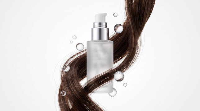 Luxury cosmetic serum bottle with flowing brown hair lock