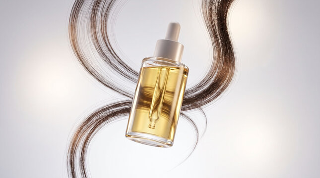 Golden cosmetic hair serum bottle with dropper and hair strands