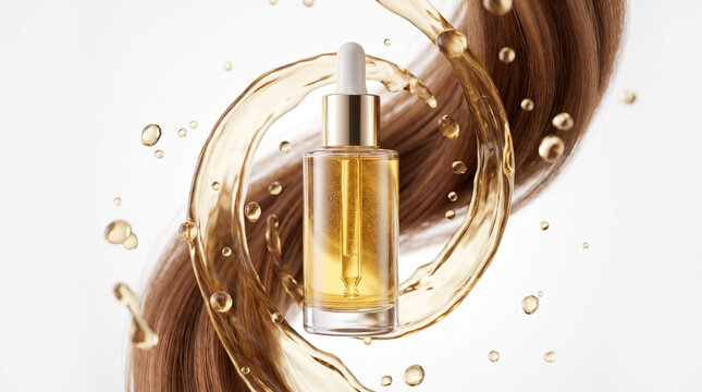 Luxury hair oil bottle with splash and smooth brown locks