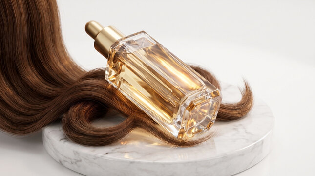 Luxury hair serum bottle on marble with shiny brown hair