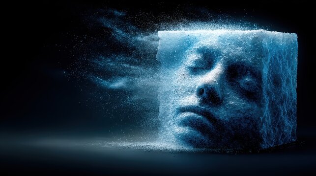 Abstract conceptual human face emerged from ice cube dissolving in darkness human face sculpted in ice cube melting and turning into glowing particles