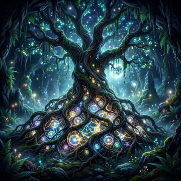 All Souls&rsquo; Day. Surreal fantasy: ancient tree with roots wrapped around glowing soul orbs